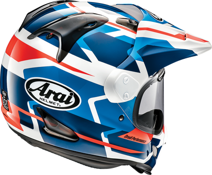 Arai XD-4 Depart white and blue motorcycle helmet with advanced ventilation and comfortable fit, designed for motorcyclists.