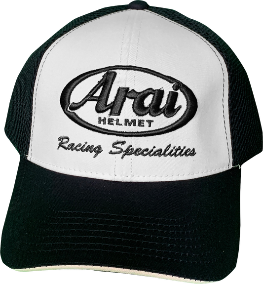 Arai Helmets mesh hat in white and navy with embroidered logo, featuring breathable fabric and casual fit.
