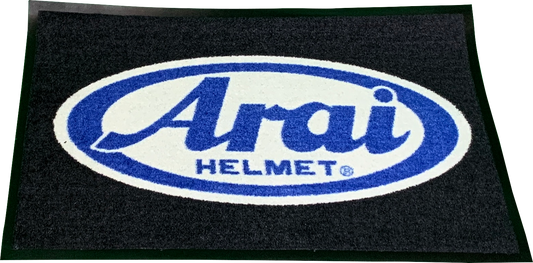 Large Arai Helmets logo rug featuring two-tone design and Arai logo accent, ideal for motorcycle helmet enthusiasts.