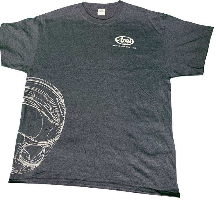 Arai Helmets T-Shirt in dark heather gray with ARAI HELMETS logo, large size, casual apparel featuring helmet branding.