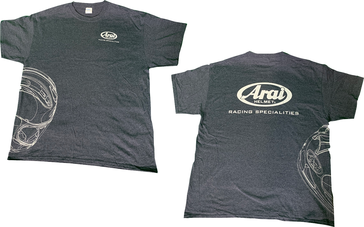 Arai Helmets T-Shirt in dark heather gray, large size, with ARAI HELMETS branding and graphic design on the front.