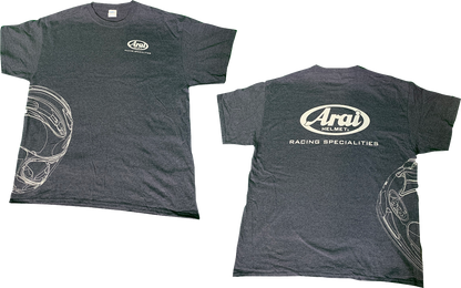 Arai Helmets T-Shirt in dark heather gray, large size, with ARAI HELMETS branding and graphic design on the front.