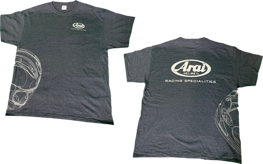 Arai Helmets T-Shirt in dark heather gray, large size, with ARAI HELMETS branding and graphic design on the front.