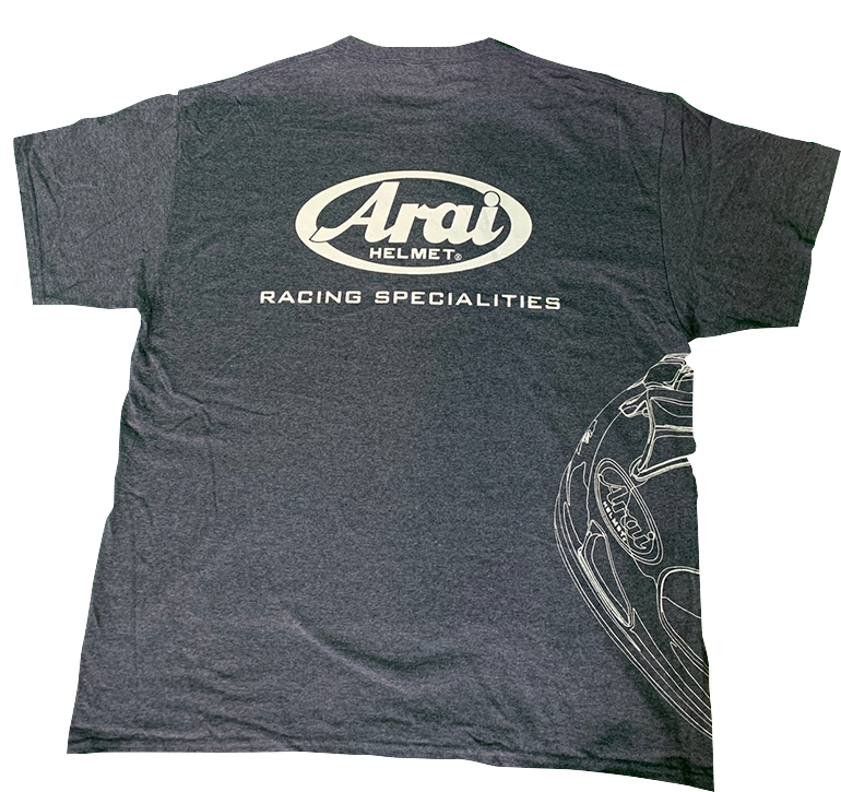 Arai Helmet T-Shirt in dark heather gray, large size, featuring a graphic design related to Arai Helmets displayed on the front.