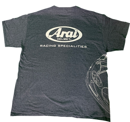 Arai Helmet T-Shirt in dark heather gray, large size, featuring a graphic design related to Arai Helmets displayed on the front.