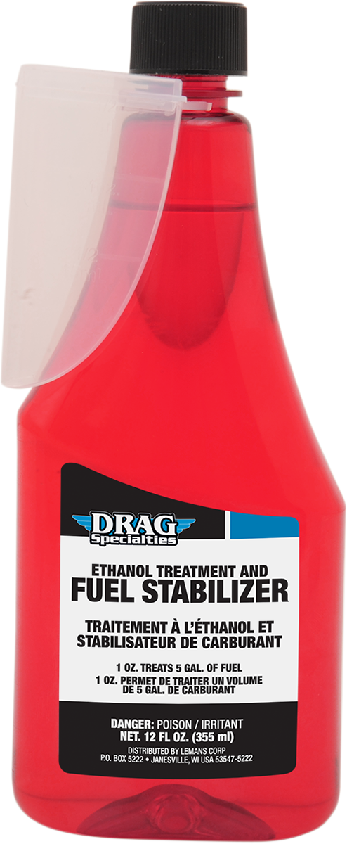 DRAG SPECIALTIES OIL fuel treatment and stabilizer bottle, 12 fl oz, with label and cap, designed for motorcycle engine maintenance.