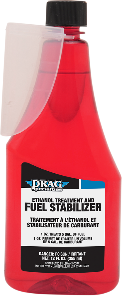 DRAG SPECIALTIES OIL fuel treatment and stabilizer bottle, 12 fl oz, with label and cap, designed for motorcycle engine maintenance.