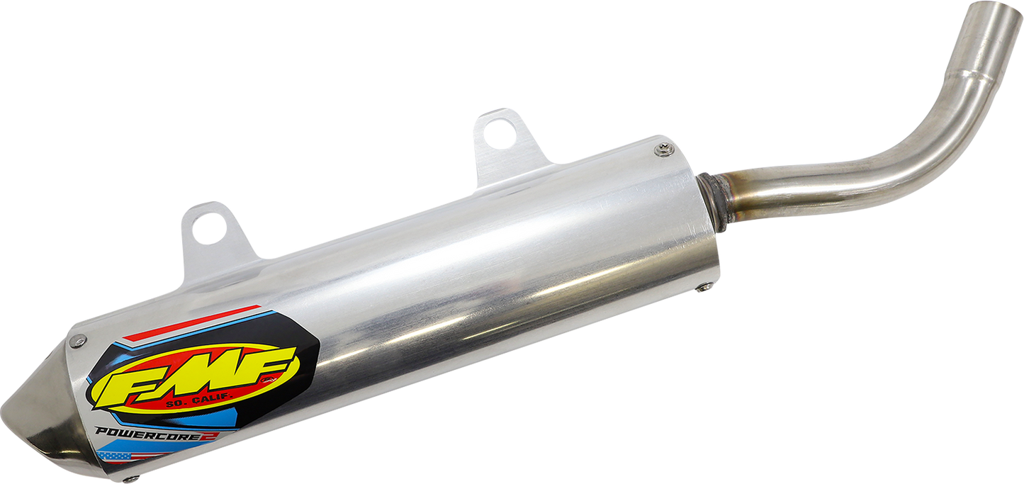 FMF Powercore 2 muffler part for 2-stroke engines, showing the FMF branded motorcycle exhaust muffler with metal finish.