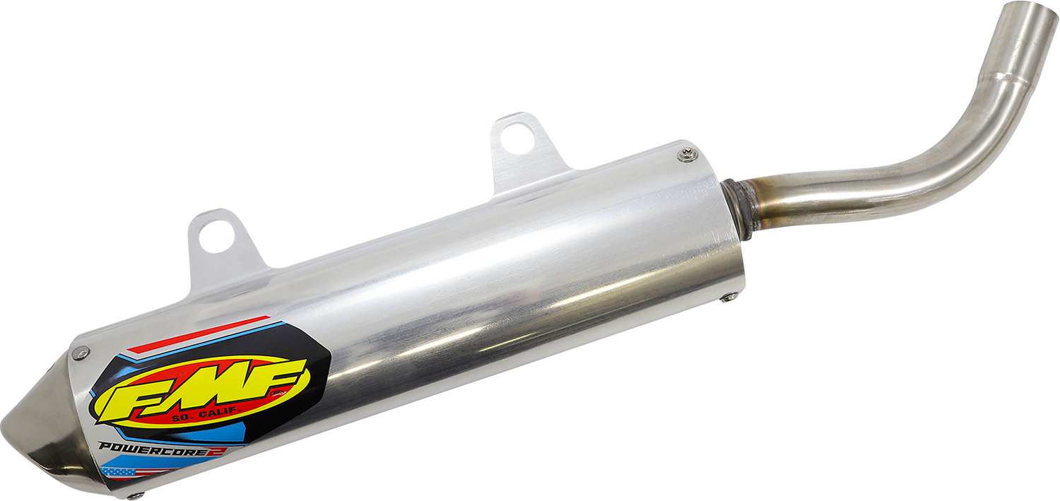 FMF Powercore 2 muffler part for 2-stroke engines, showing the FMF branded motorcycle exhaust muffler with metal finish.