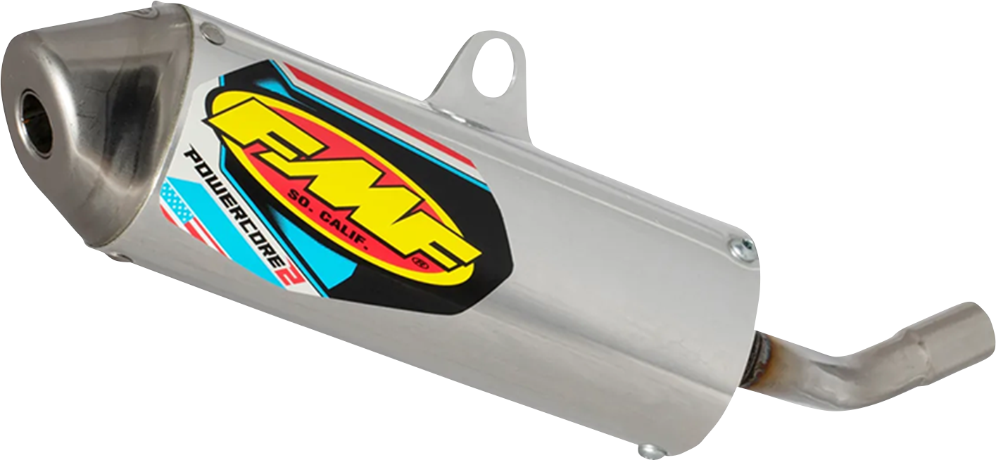 FMF Powercore 2 Muffler part for 2-stroke engines, showing the black metal muffler with mounting hardware.