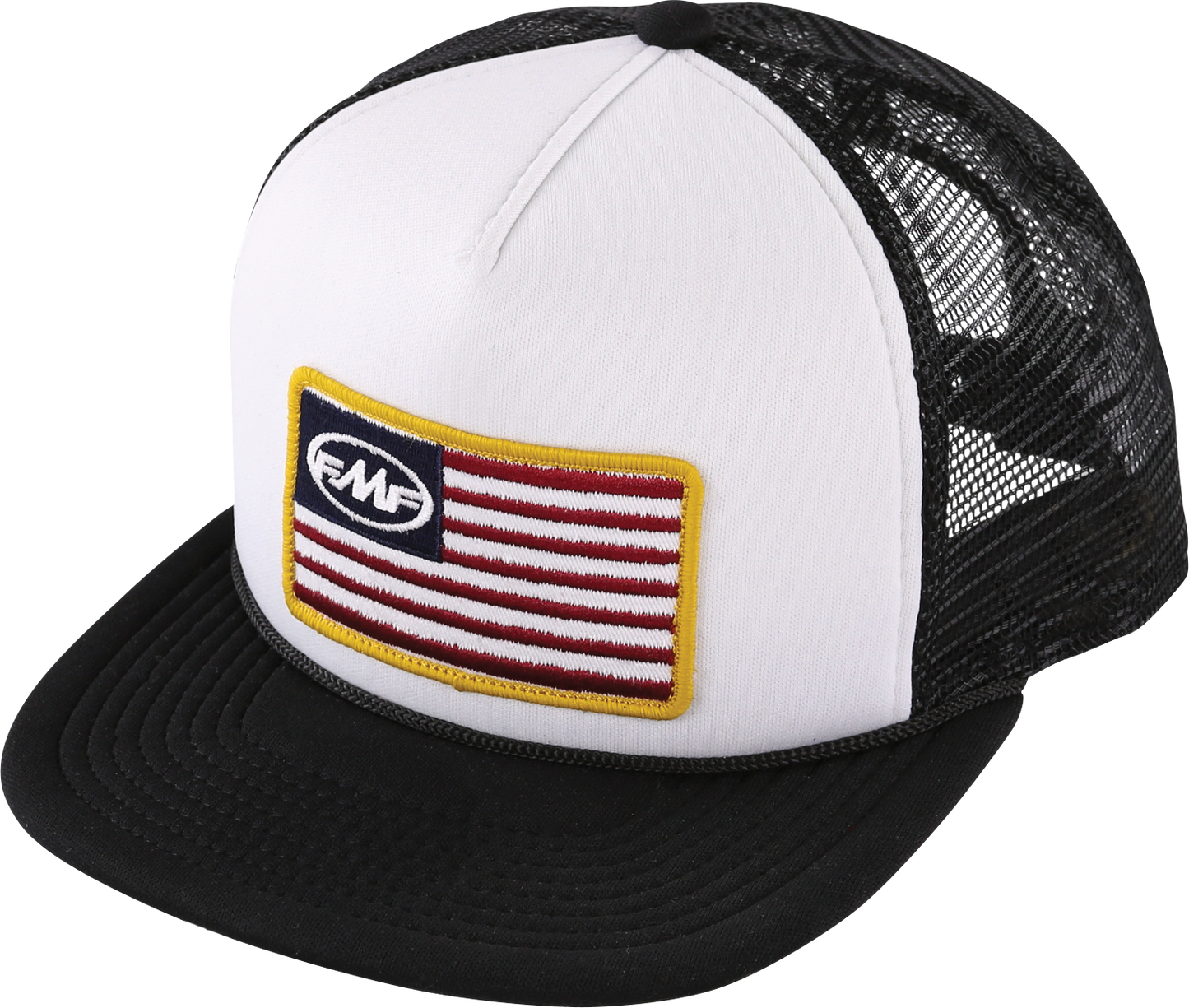 White FMF Stars and Bars hat with embroidered logo, casual baseball cap style, front view showing design and adjustable strap.