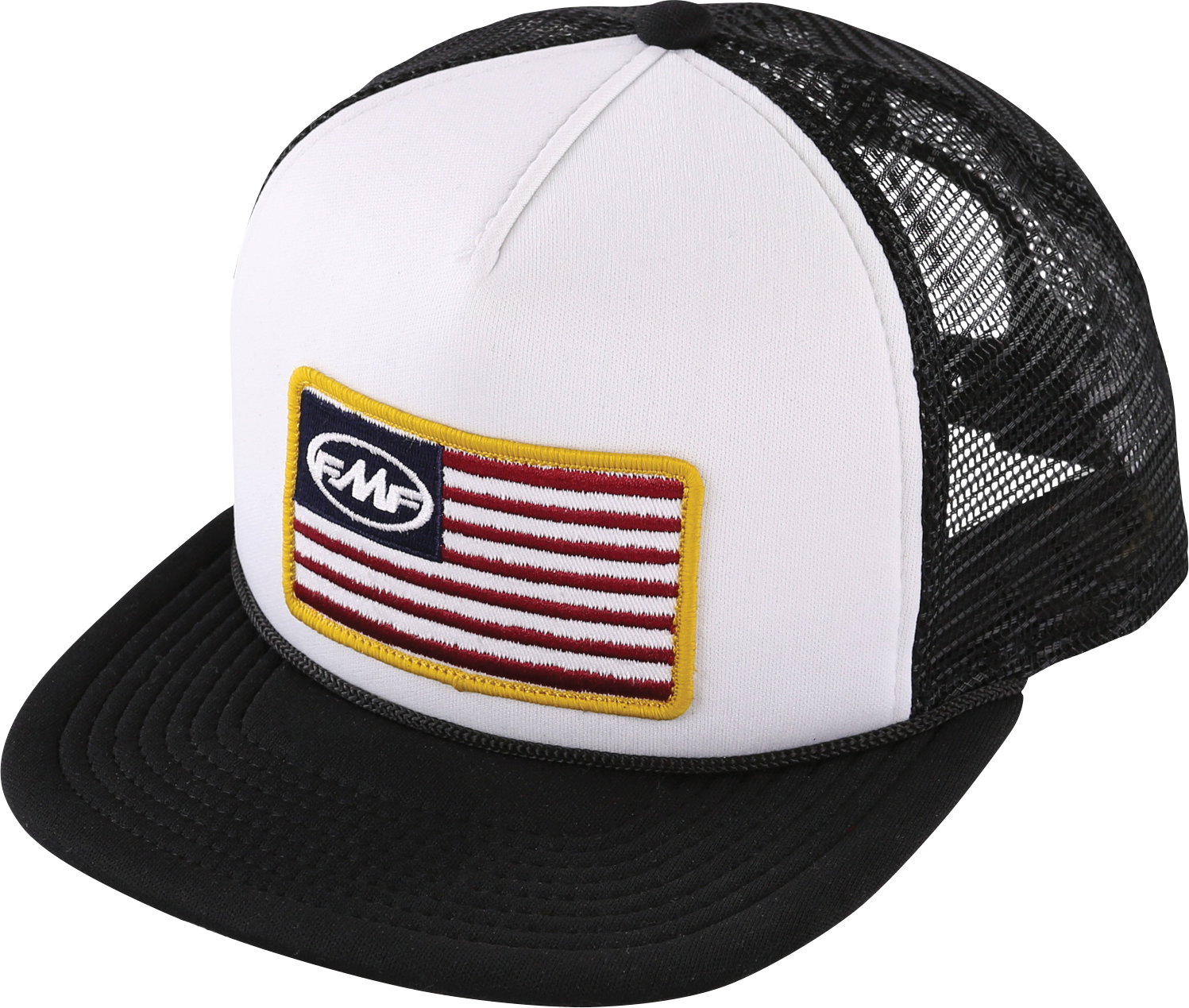 White FMF Stars and Bars hat with embroidered logo, casual baseball cap style, front view showing design and adjustable strap.