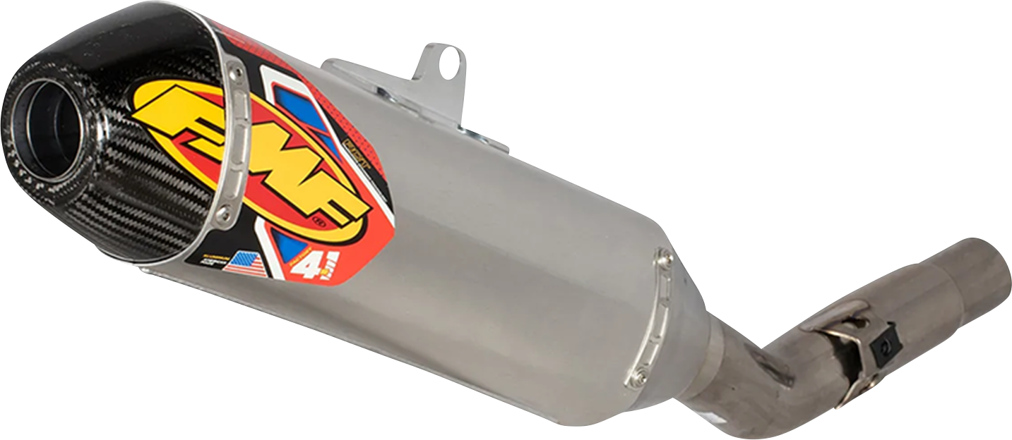 FMF 4.1 RCT Slip-On Muffler for motorcycles, showing the sleek stainless steel design and branding on the exhaust part.