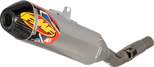 FMF 4.1 RCT Slip-On Muffler for motorcycles, showing the sleek stainless steel design and branding on the exhaust part.