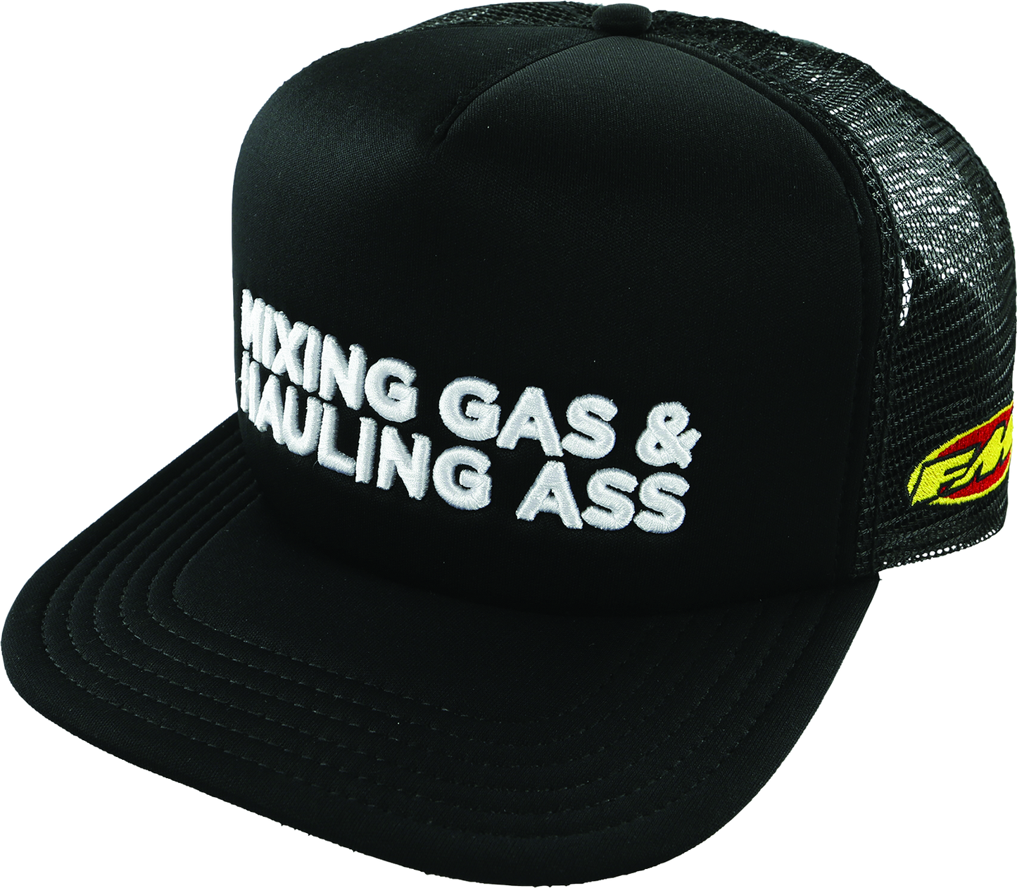 Black FMF Gass hat, five-panel mesh trucker cap with embroidered logo, adjustable fit, and breathable mesh panels.