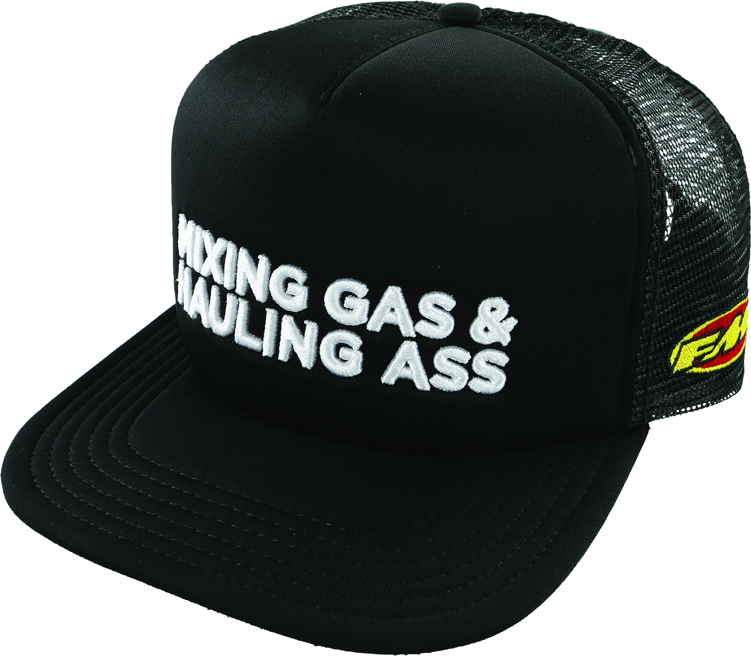 Black FMF Gass hat, five-panel mesh trucker cap with embroidered logo, adjustable fit, and breathable mesh panels.