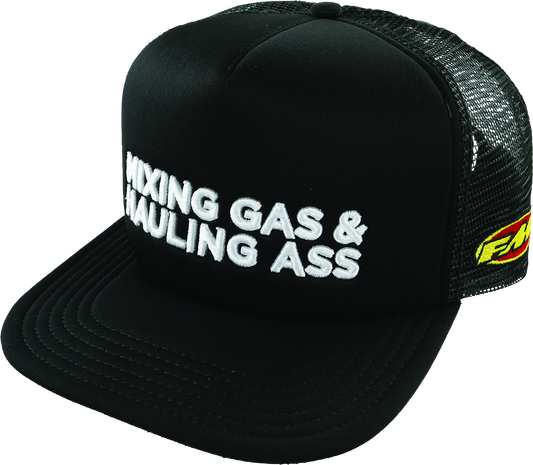 Black FMF Gass hat, five-panel mesh trucker cap with embroidered logo, adjustable fit, and breathable mesh panels.