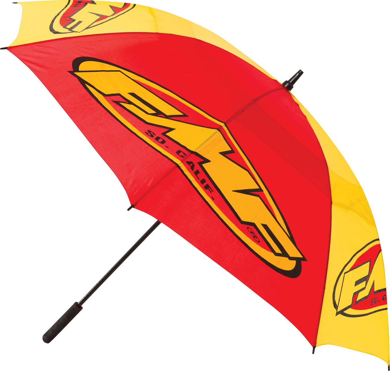 FMF Red 8-Panel Collapsible Umbrella open with red fabric and black handle, compact design for easy carrying.