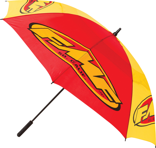 FMF Red 8-Panel Collapsible Umbrella open with red fabric and black handle, compact design for easy carrying.
