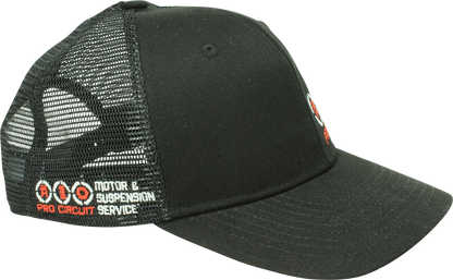Black PRO CIRCUIT service hat with embroidered logo, one size fits all, lightweight and comfortable for casual wear.
