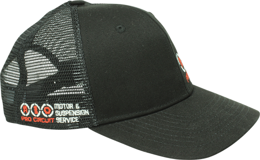 Black PRO CIRCUIT service hat with embroidered logo, one size fits all, lightweight and comfortable for casual wear.