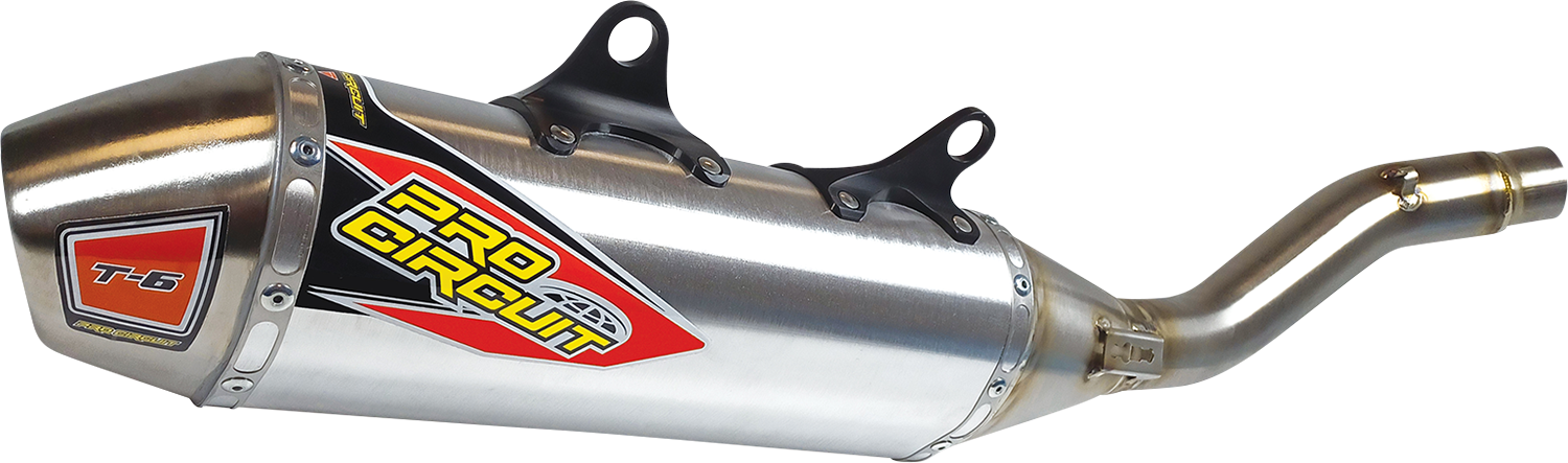 Pro Circuit T-6 slip-on muffler in stainless steel, designed for enhanced motorcycle performance, shown on a bike.