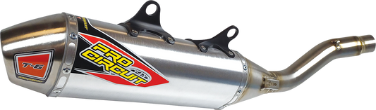 Pro Circuit T-6 slip-on muffler in stainless steel, designed for enhanced motorcycle performance, shown on a bike.