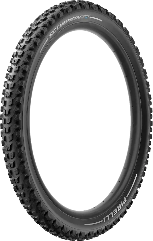 Pirelli Scorpion™ E-MTB S tire in 27.5 x 2.6 size for electric mountain bikes, with durable tread pattern and sidewall branding.