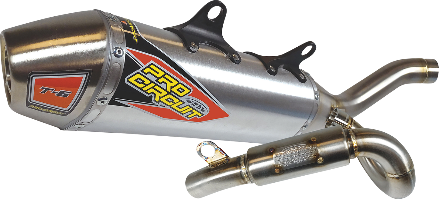 Pro Circuit T-6 exhaust system in stainless steel, showing the sleek, polished motorcycle exhaust with branding and mounting details.