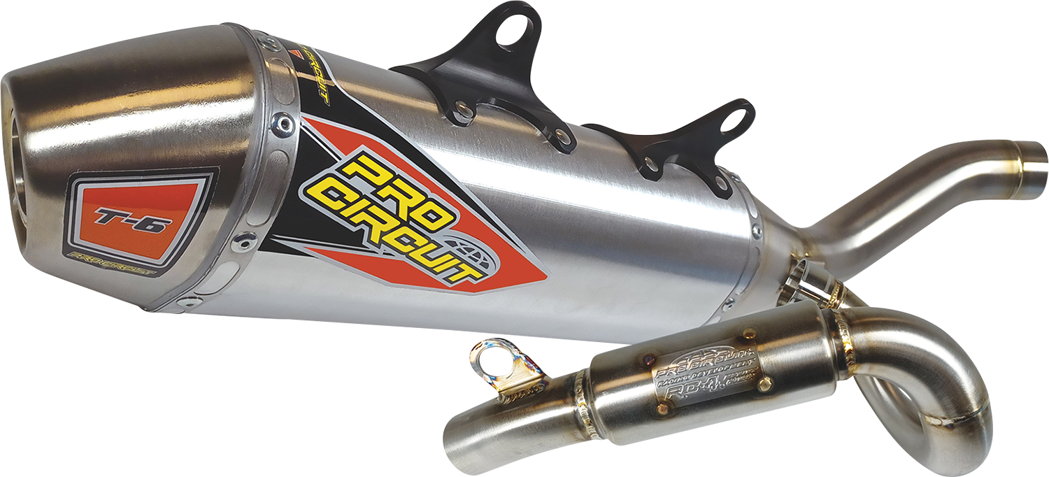 Pro Circuit T-6 exhaust system in stainless steel, showing the sleek, polished motorcycle exhaust with branding and mounting details.
