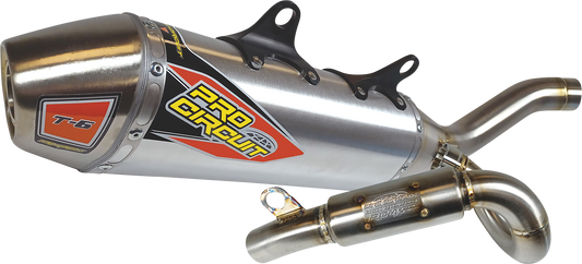Pro Circuit T-6 exhaust system in stainless steel, showing the sleek, polished motorcycle exhaust with branding and mounting details.