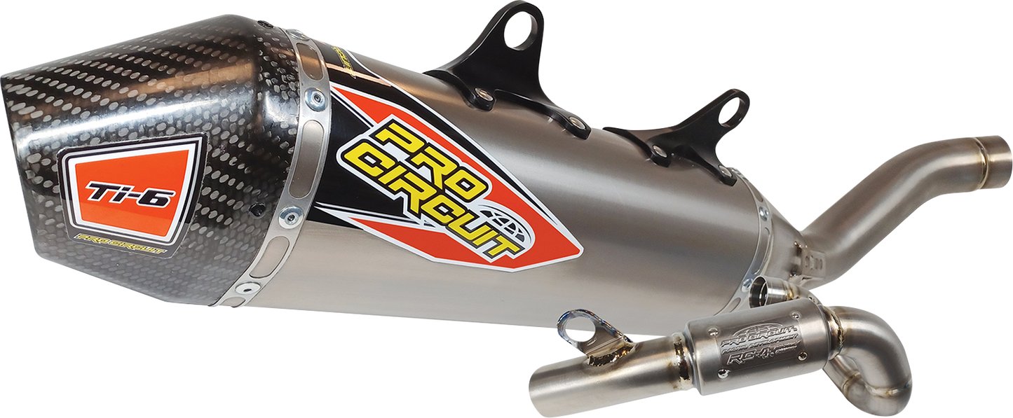Pro Circuit T-6 exhaust system with carbon fiber end cap, showcasing sleek metal pipes and detailed craftsmanship