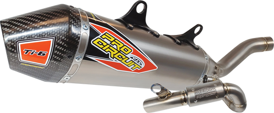 Pro Circuit T-6 exhaust system with carbon fiber end cap, showcasing sleek metal pipes and detailed craftsmanship