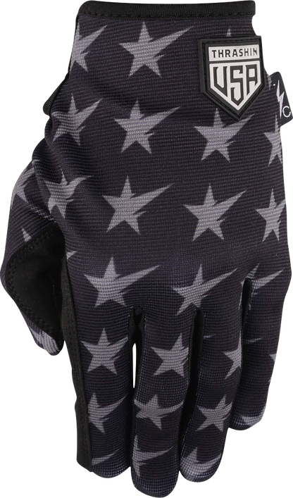 Black and gray Stealth gloves by THRASHIN SUPPLY CO. featuring stars and bolts design, large size, built for comfort and durability.