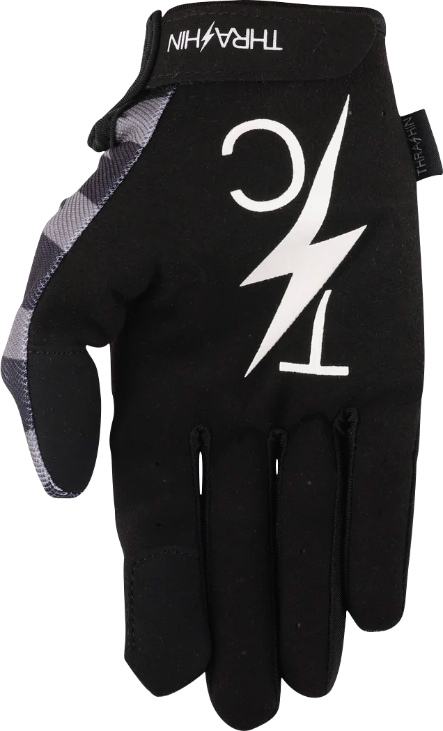 Black and gray THRASHIN SUPPLY CO. Stars & Bolts Stealth Gloves in large size, designed for comfort and durability.