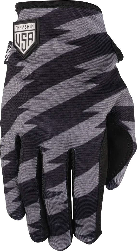 Black and gray THRASHIN SUPPLY CO. Stars & Bolts Stealth Gloves in large size, showcasing durable and comfortable design