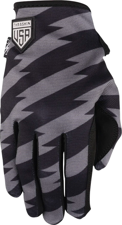 Black and gray Stealth Gloves by THRASHIN SUPPLY CO. featuring stars and bolts design, medium size, part number SV1-13-09