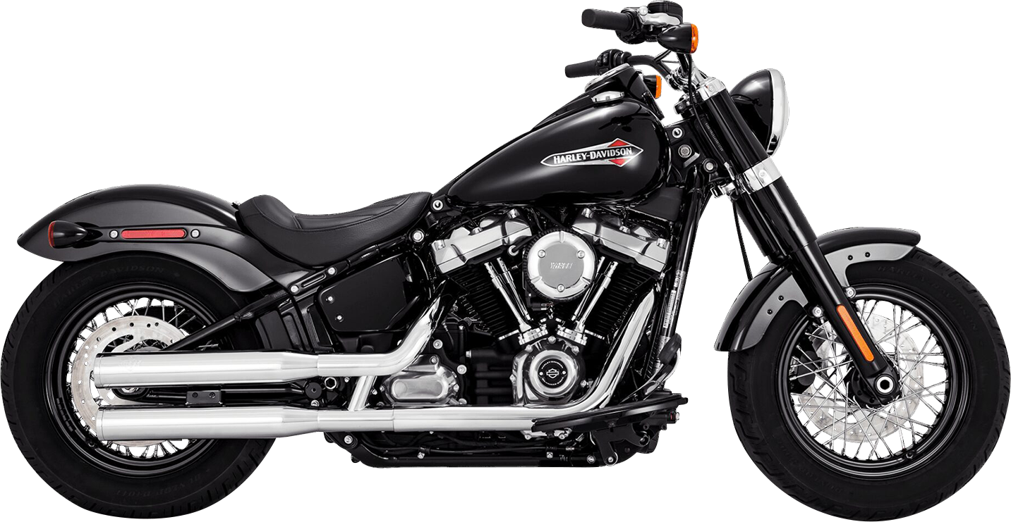 Chrome Vance & Hines Eliminator 300 slip-on mufflers for motorcycle exhaust system, with polished metallic finish and branding details.
