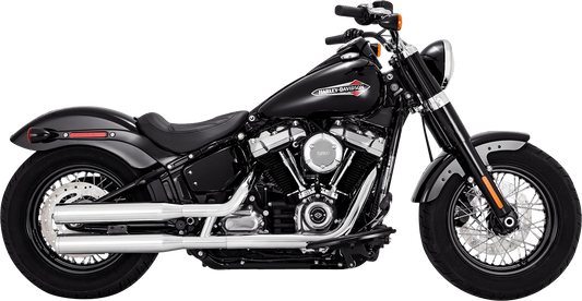 Chrome Vance & Hines Eliminator 300 slip-on mufflers for motorcycle exhaust system, with polished metallic finish and branding details.