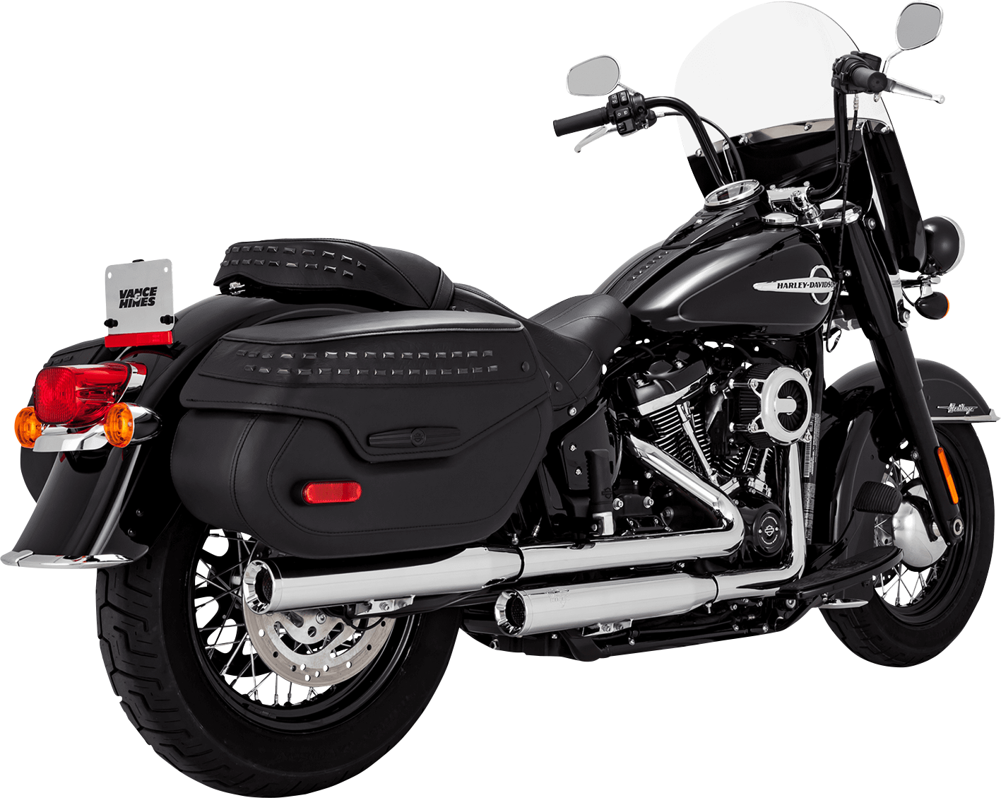 Chrome Vance & Hines Eliminator 300 slip-on mufflers for motorcycles, showcasing the sleek, polished finish and exhaust design.