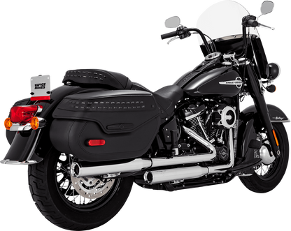 Chrome Vance & Hines Eliminator 300 slip-on mufflers for motorcycles, showcasing the sleek, polished finish and exhaust design.