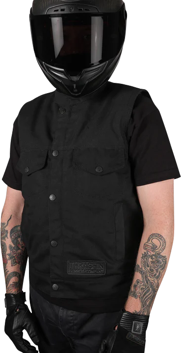 Black Thrasin Supply Co. Nightrider v2 riding vest in 2XL size, featuring durable fabric and reflective accents for motorcyclists.