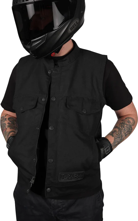 Black THRASHIN SUPPLY CO. Nightrider v2 riding vest in 2XL size, featuring durable fabric and reflective accents for motorcycle riding.