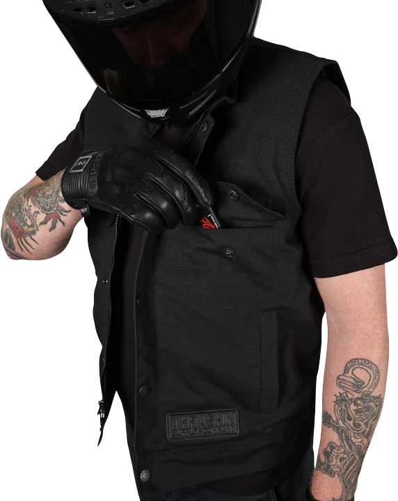 Black Thrasin Supply Co. Nightrider v2 riding vest in 2XL size with reflective details, designed for motorcycle riders.