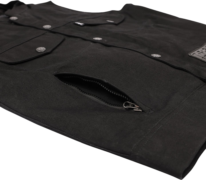 Black THRASHIN SUPPLY CO. Nightrider v2 riding vest in 2XL, featuring durable fabric and multiple pockets for motorcycle riding.