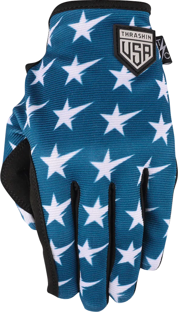 Red and blue Stealth gloves by THRASHIN SUPPLY CO., with star and bolt design, in medium size, shown in close-up.