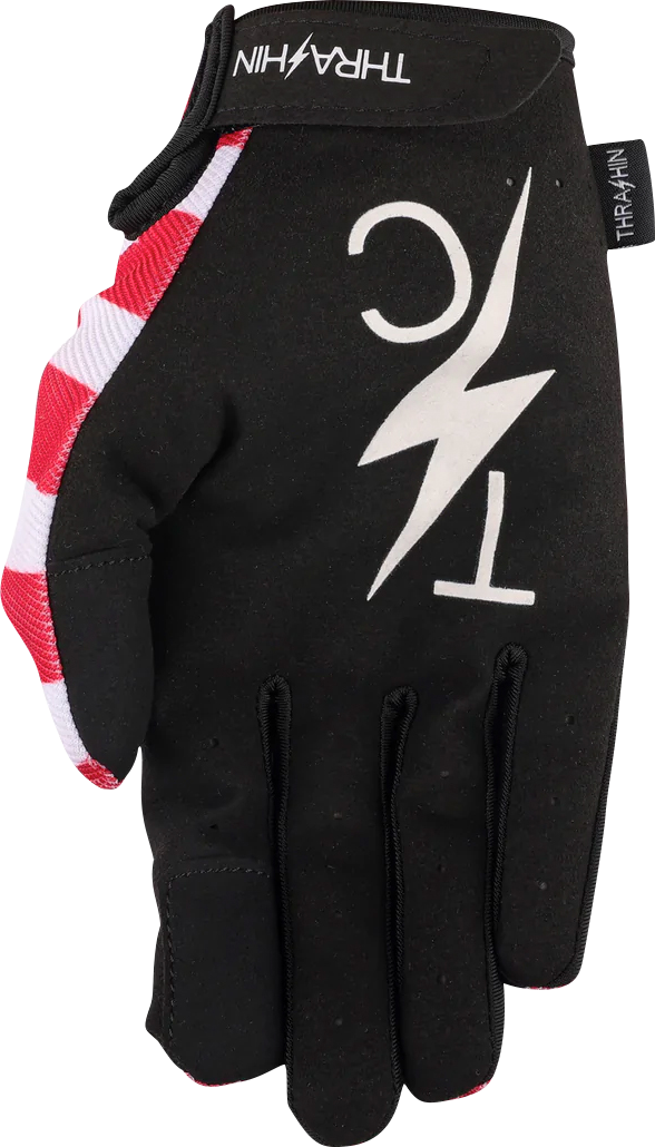 Red and blue Stealth Gloves by THRASHIN SUPPLY CO. with star and bolt design, medium size, shown on a plain background.