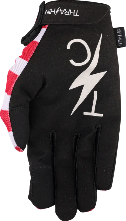 Red and blue Stealth Gloves by THRASHIN SUPPLY CO. with star and bolt design, medium size, shown on a plain background.
