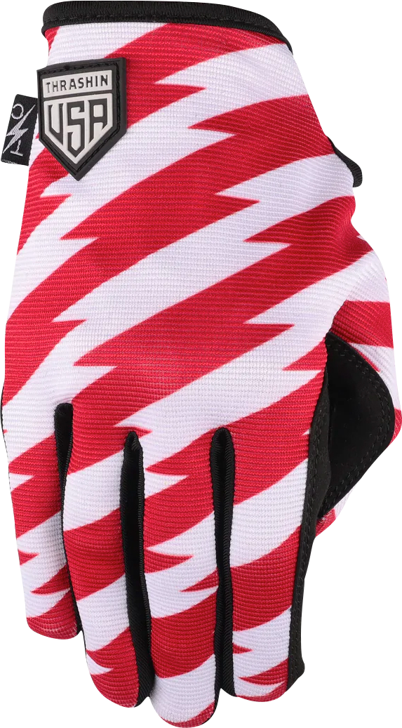 Red and blue Stealth Gloves from THRASHIN SUPPLY CO., Stars & Bolts design, medium size, featuring durable fabric and tactical details.