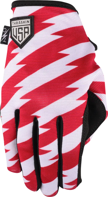 Red and blue Stealth Gloves from THRASHIN SUPPLY CO., Stars & Bolts design, medium size, featuring durable fabric and tactical details.